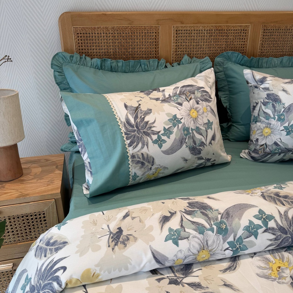 Housse de couette avec Dentelle Jardin Botanique Bleu 100% Coton  