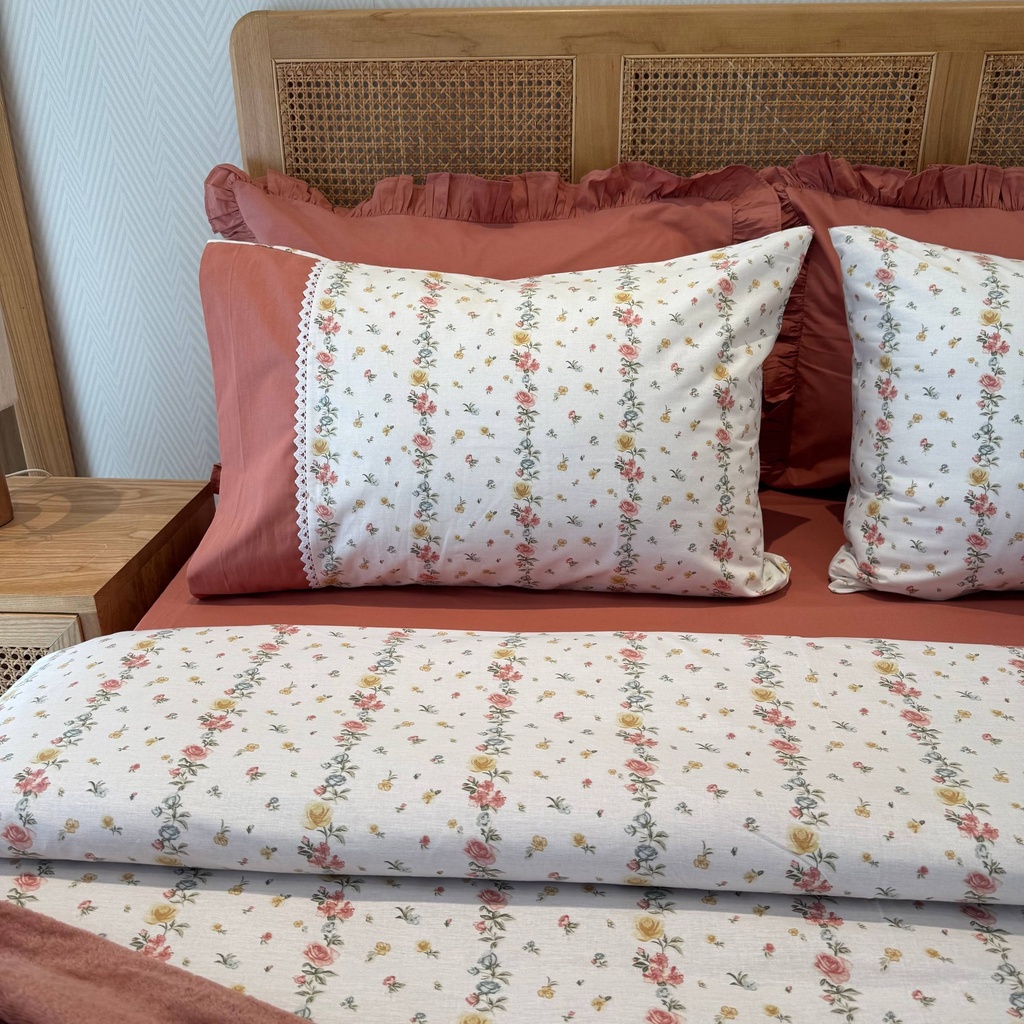 Housse de couette dentelle 6 Pieces Rose Vintage 100% Coton