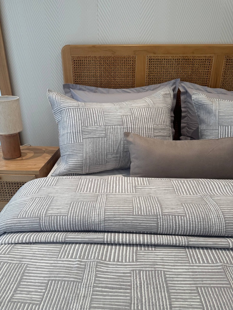 Couvre lit manterol 3 pièces  Géométrique Tissé – Gris & Blanc 