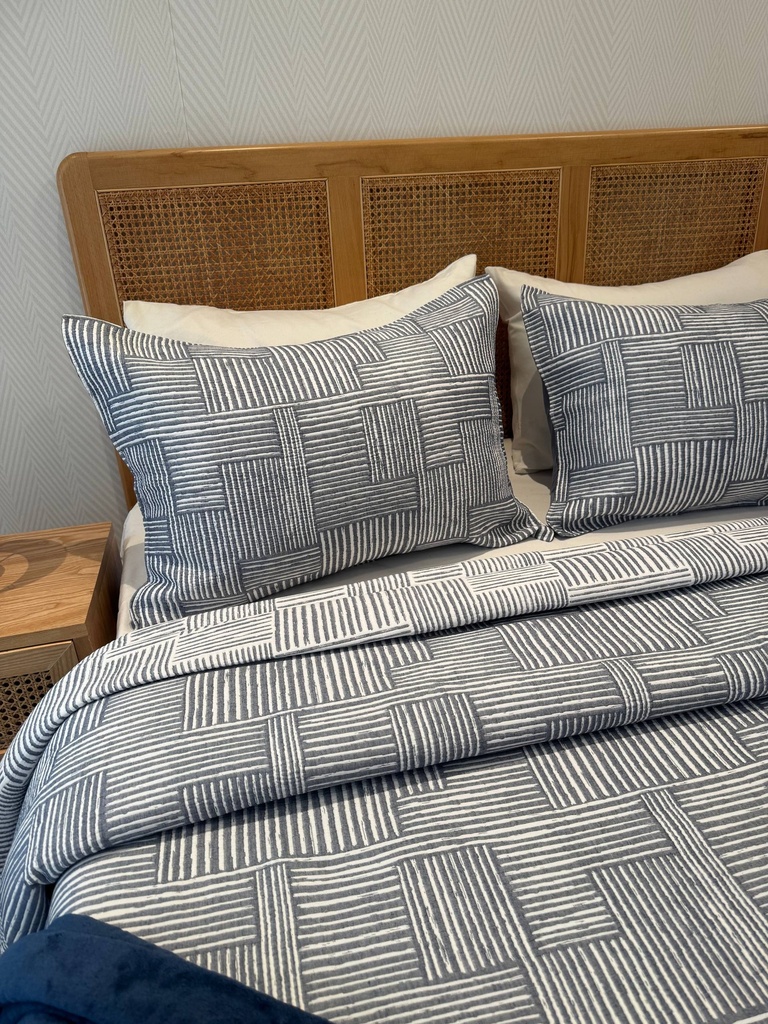 Couvre lit manterol 3 pièces  Géométrique Tissé – Bleu Gris & Blanc