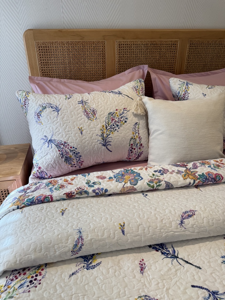 Couvre lit manterol 3 pièces  double face  Floral Bohème – Multicolore & Fond Écru