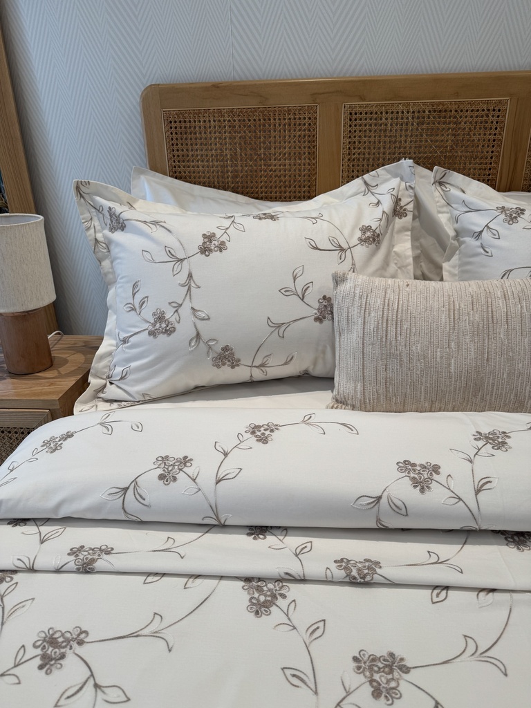Housse de couette 6 Pieces 100% Coton Fleurs de Velours Beige