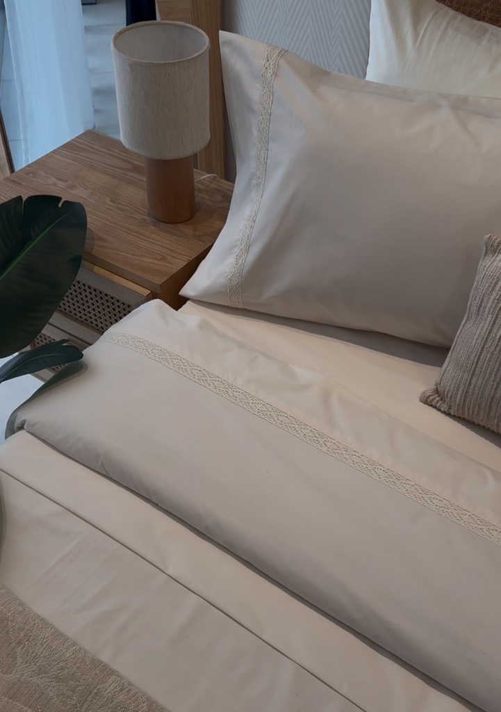 Parure de drap POLOPOLO Bordé 100% Coton percale 4 Pieces Blanc cassé Motif 1