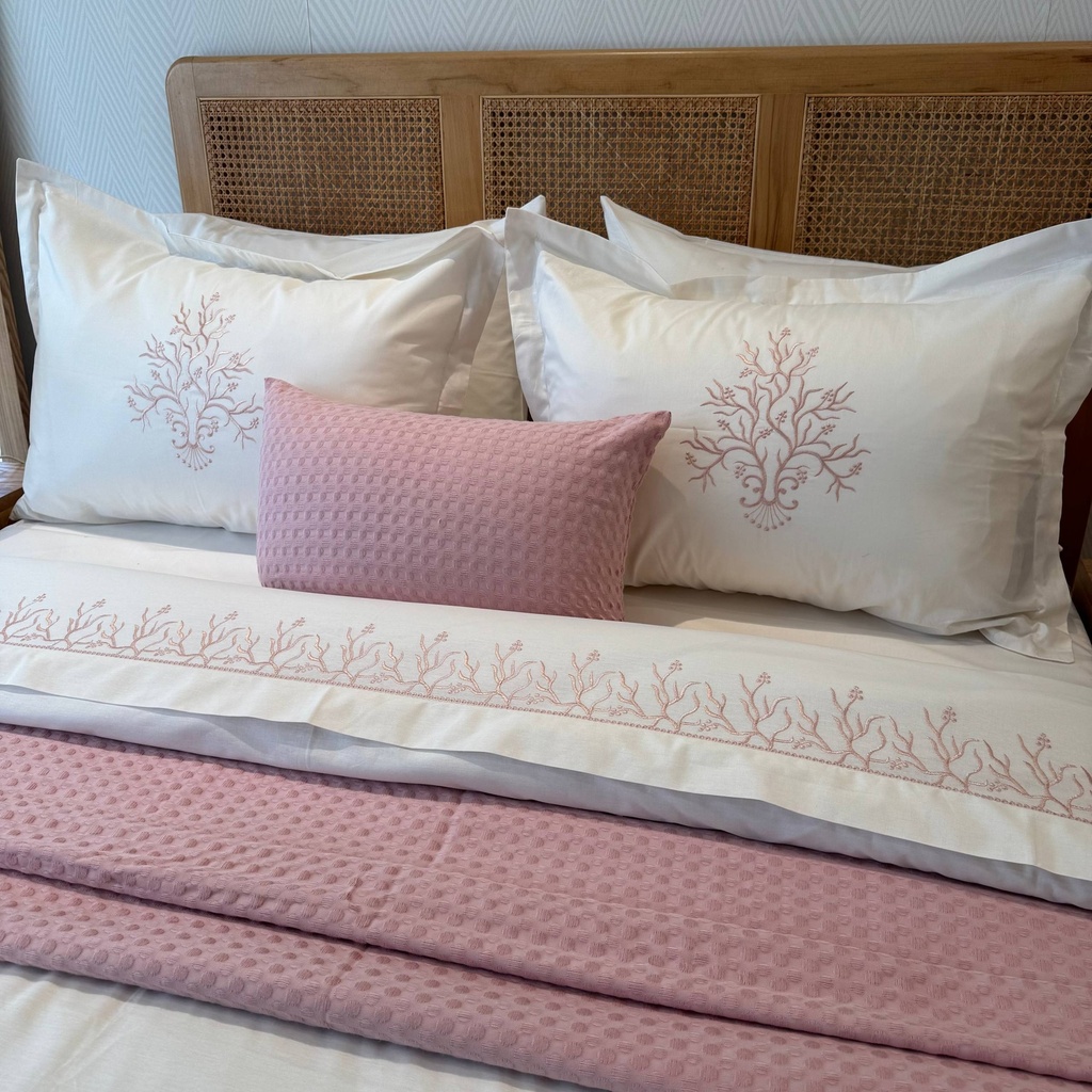 Housse de Couette Brodée 6 Pièces – Broderie Florale Rose Poudré
