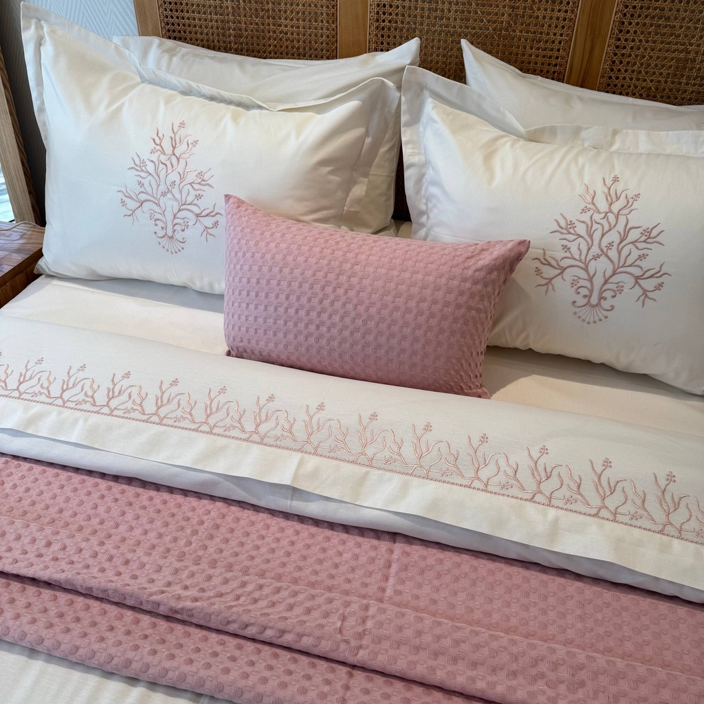 Housse de Couette Brodée 6 Pièces – Broderie Florale Rose Poudré