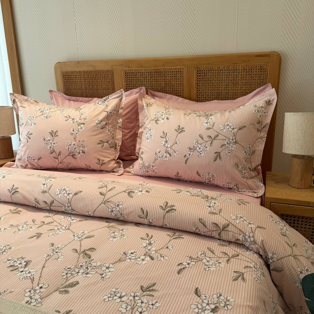 Housse de couette 6 Pieces a rayures Rose 100% Coton