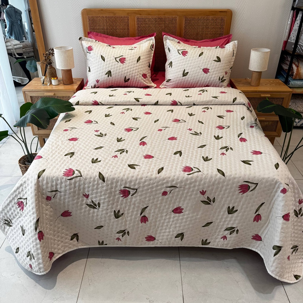 Couvre-lit Matelassé 3 Pièces – Tulipe Rose