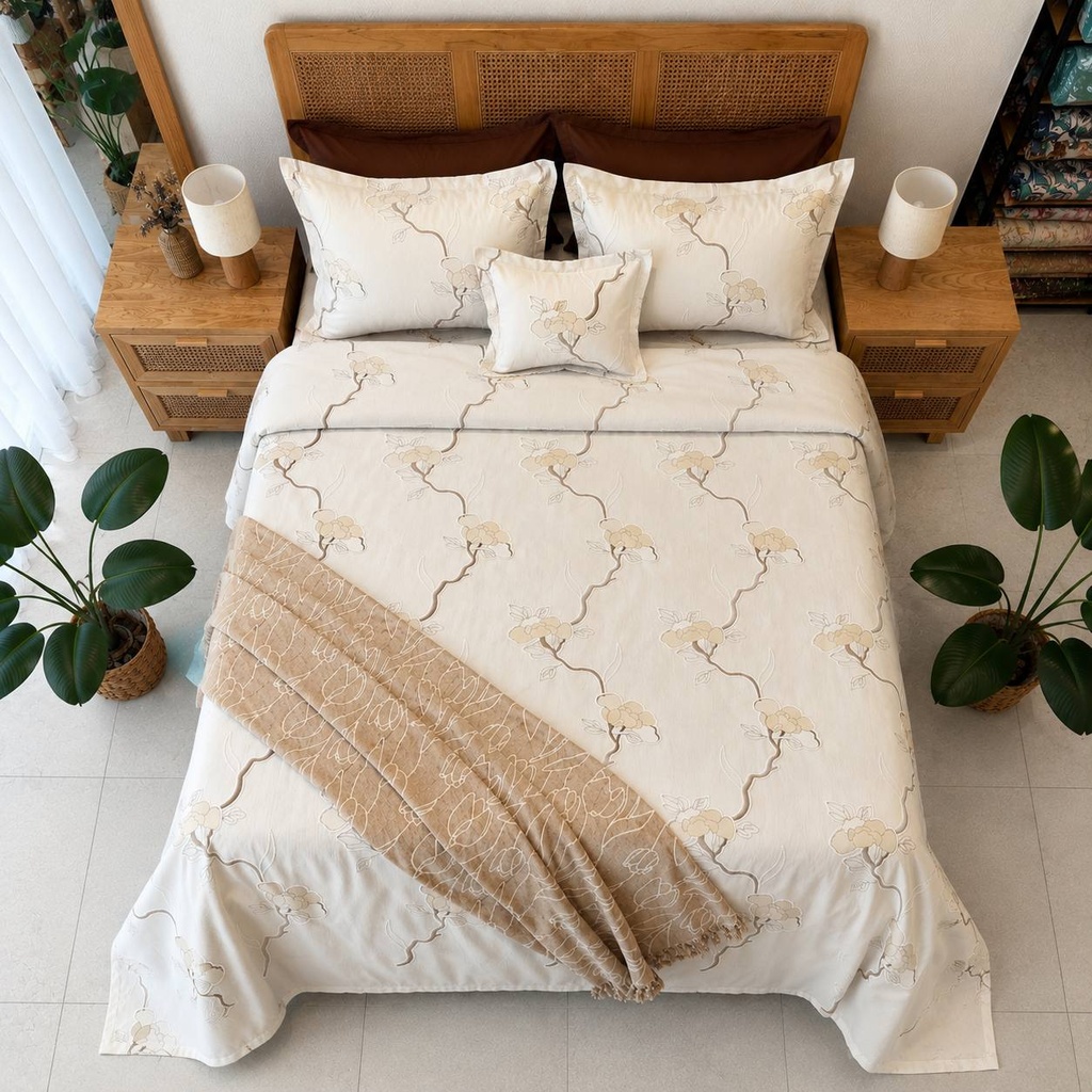 Couvre lit 4 Piece Douce Floraison Beige 