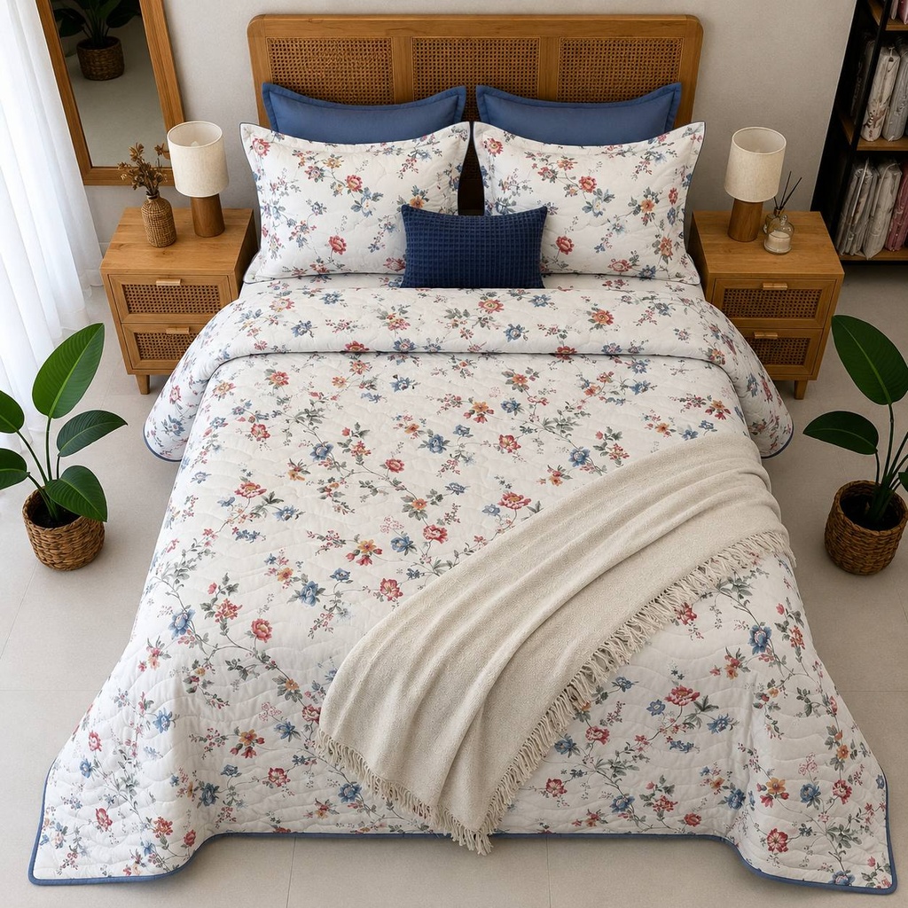 Couvre lit 3 pieces  floral new bleu
