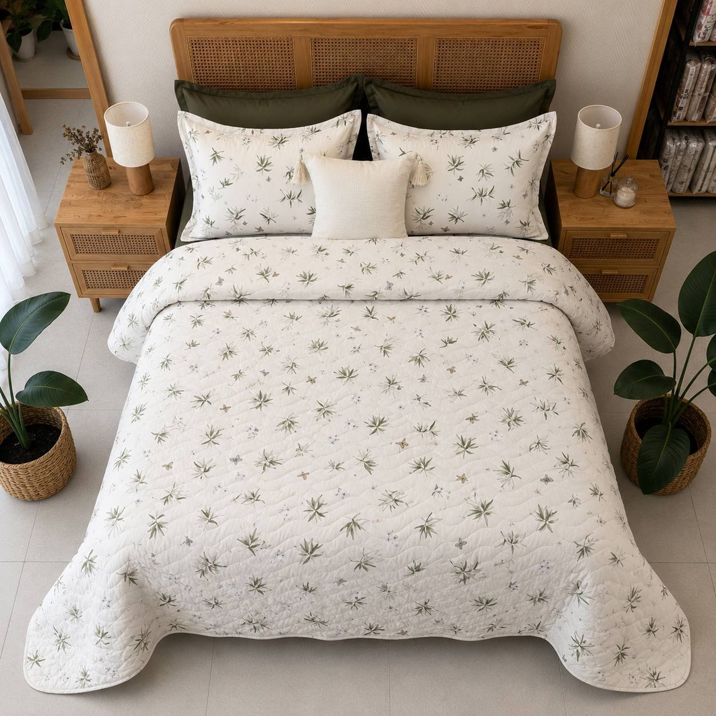 Couvre lit 3 pieces jardin sauvage sauge