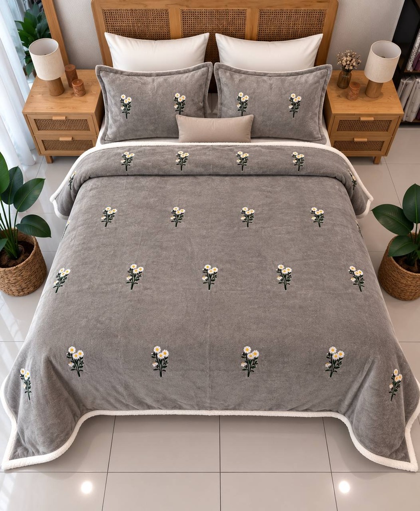 Couverture 3 pieces fleur gris 