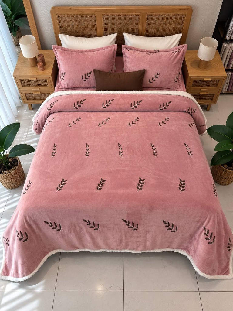Couverture 3 pieces feuilles rose 