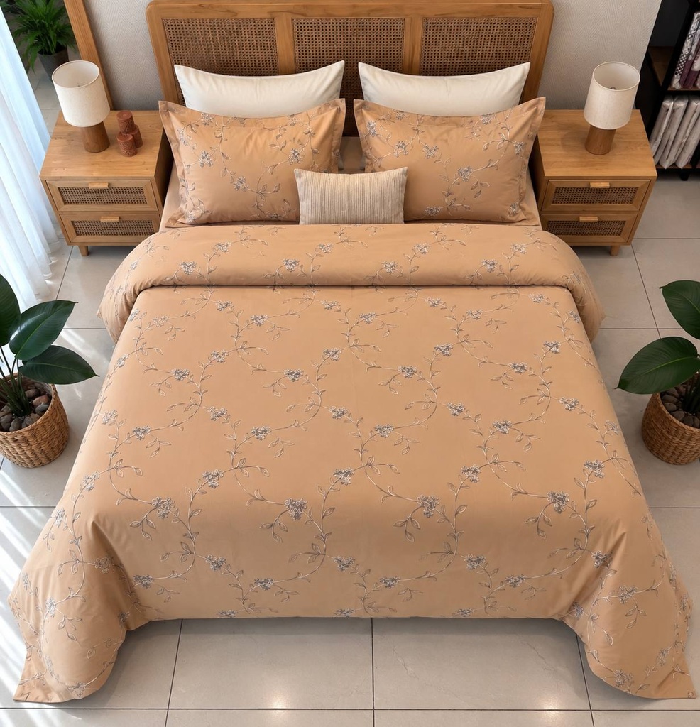 Housse de couette 3 pieces emas brode fleur beige 