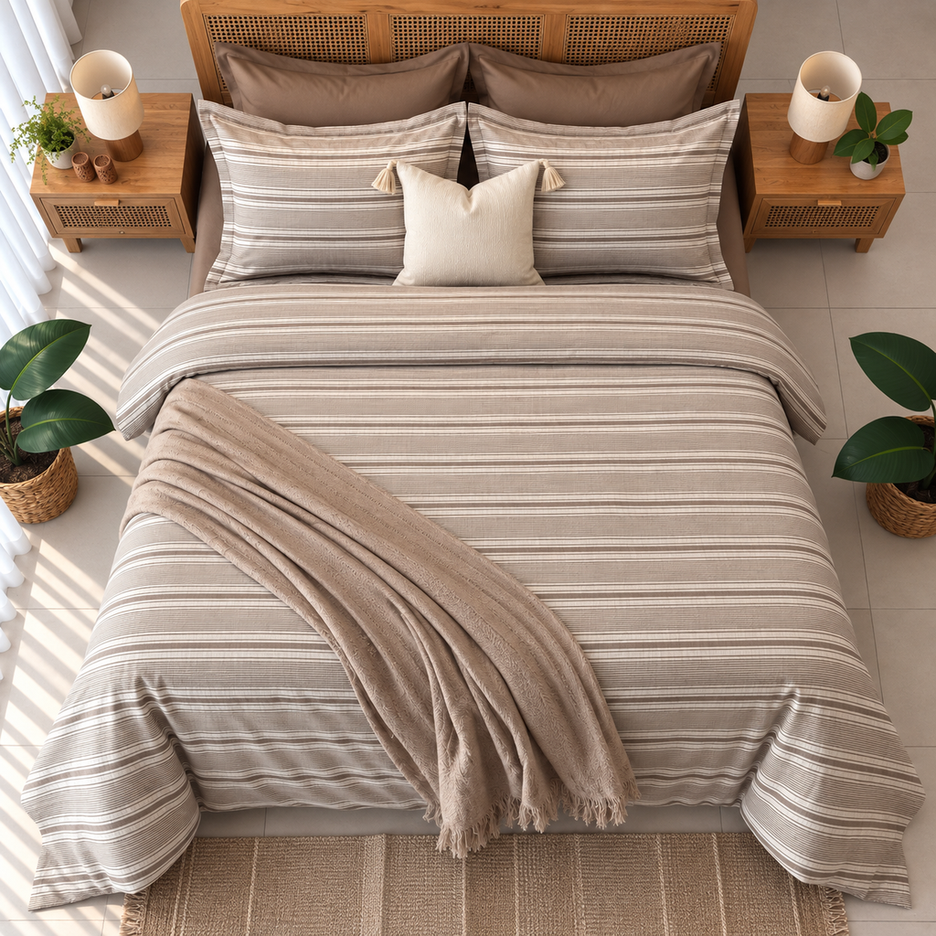 Housse de Couette 6 Pièces 100% Coton a rayes marron 