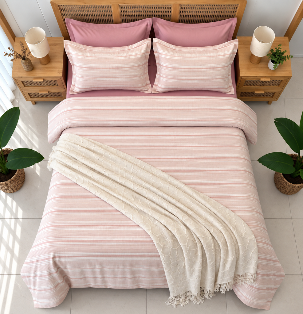 Parure De Drap  6 Pieces raye classique  rose
