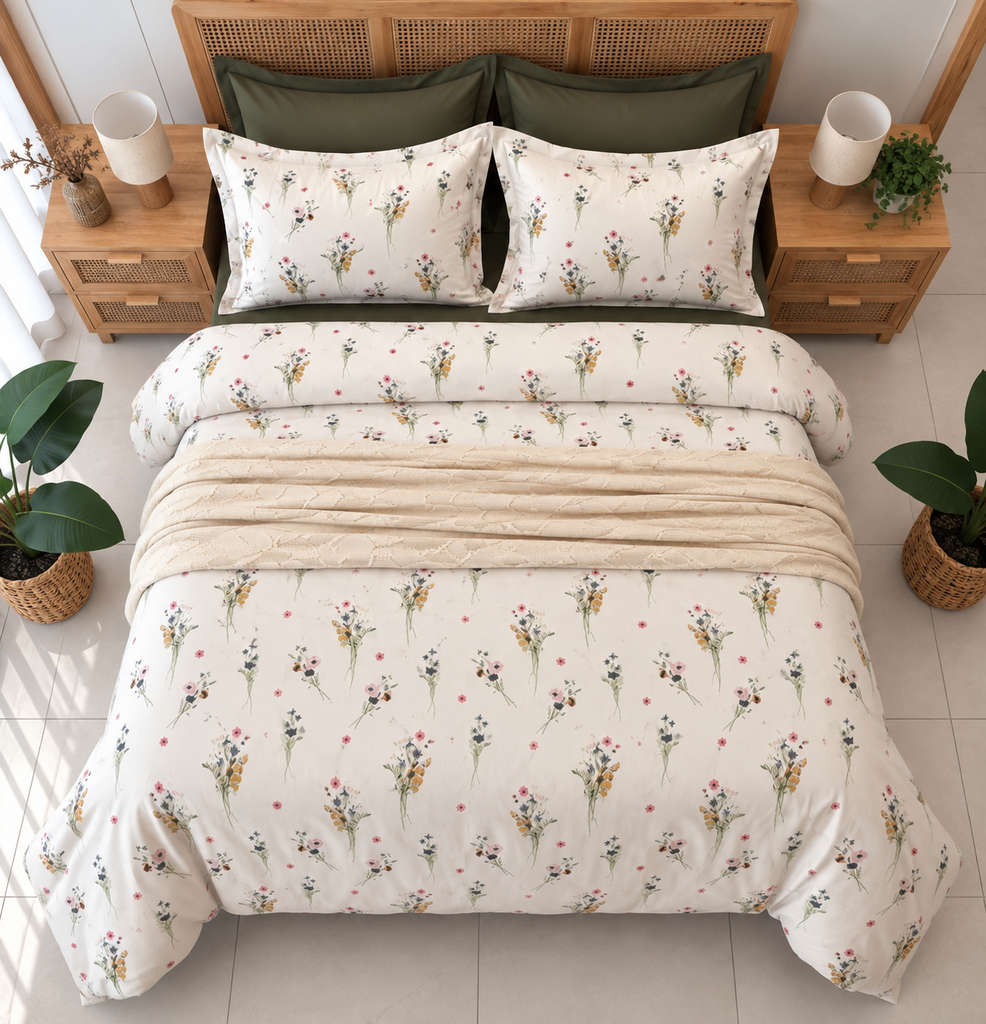 Housse de Couette 6 Pièces 100% Conton Floral champêtre en petits bouquets