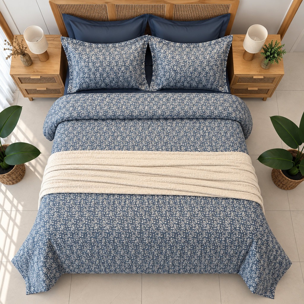     Parure de Draps 6 Pièces – Floral botanique délicat Bleu