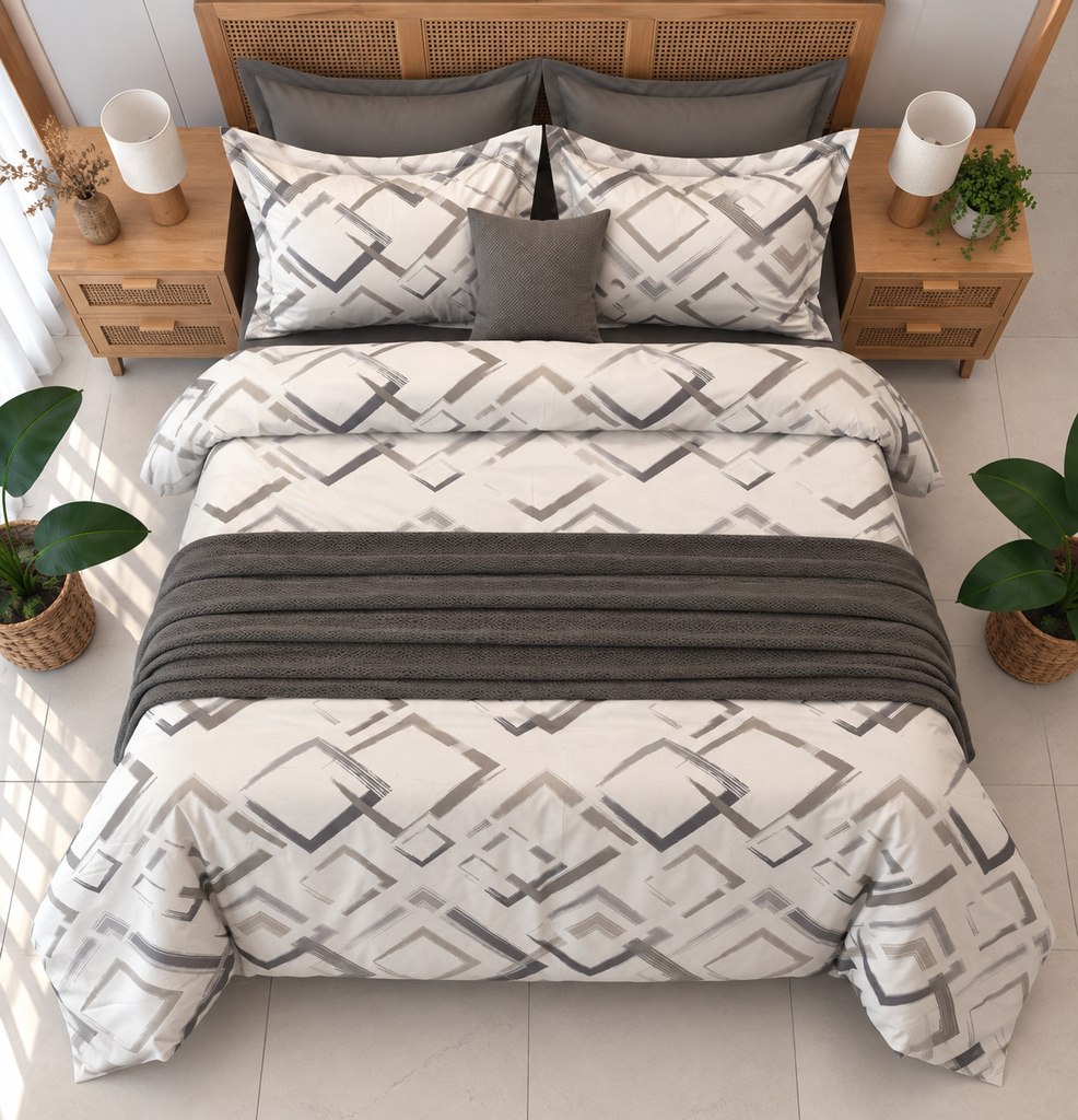 Housse de Couette 6 Pièces 100% Conton   Motif Géométrique Losanges Abstraits – Gris