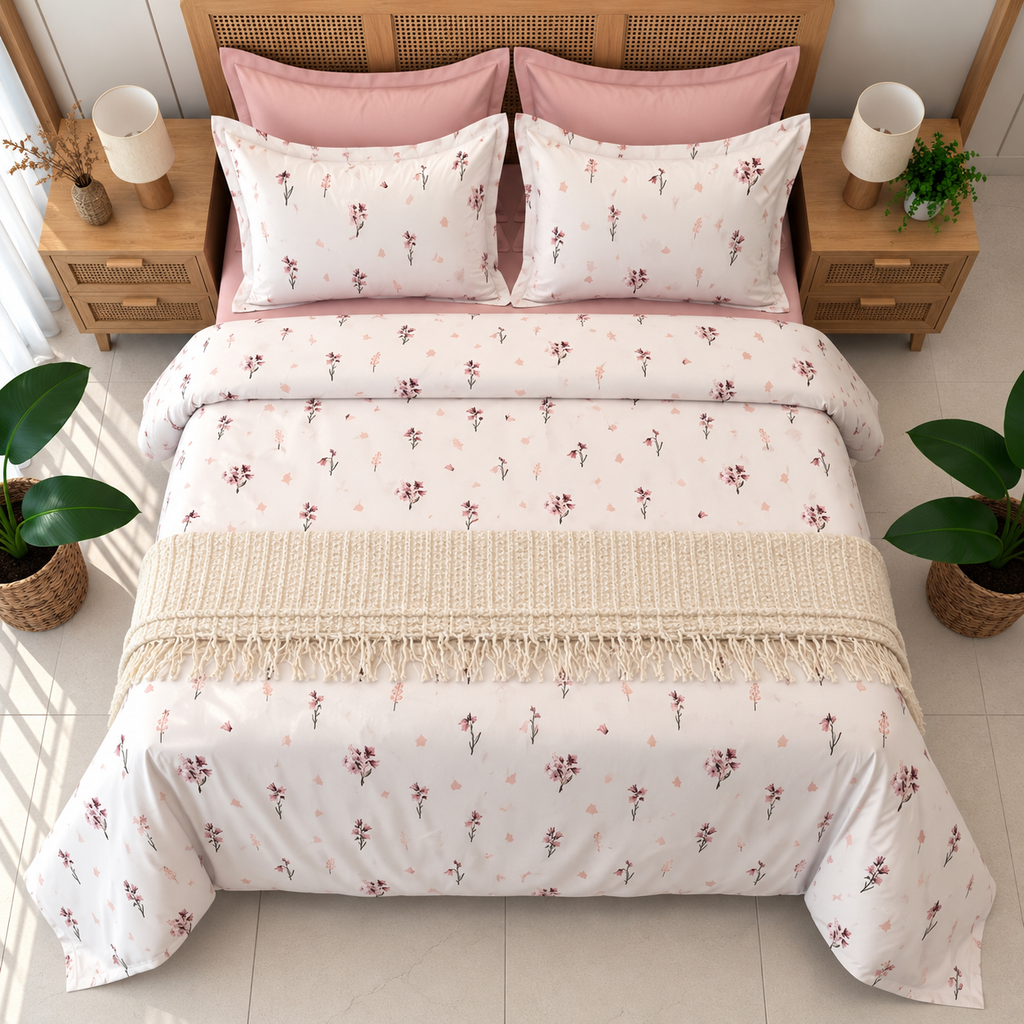 Parure De Drap  6 Pieces Motif Floral Miniature – Rose Poudré 