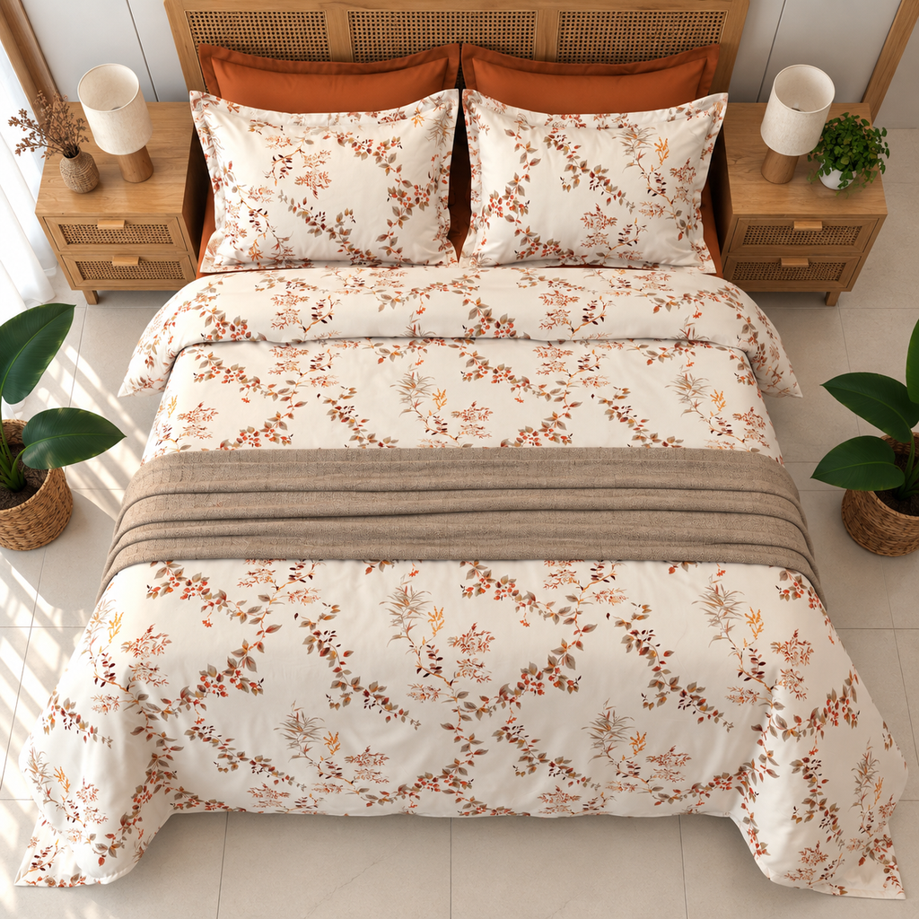 Parure De Drap  6 Pieces Floral Champêtre – Terracotta & Beige 
