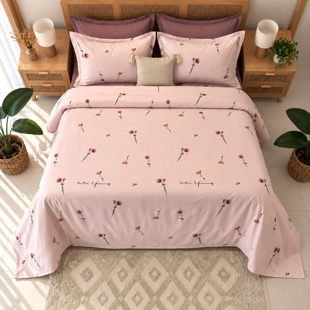 Parure De Drap  6 Pieces  Floral Minimaliste – Rose Poudré