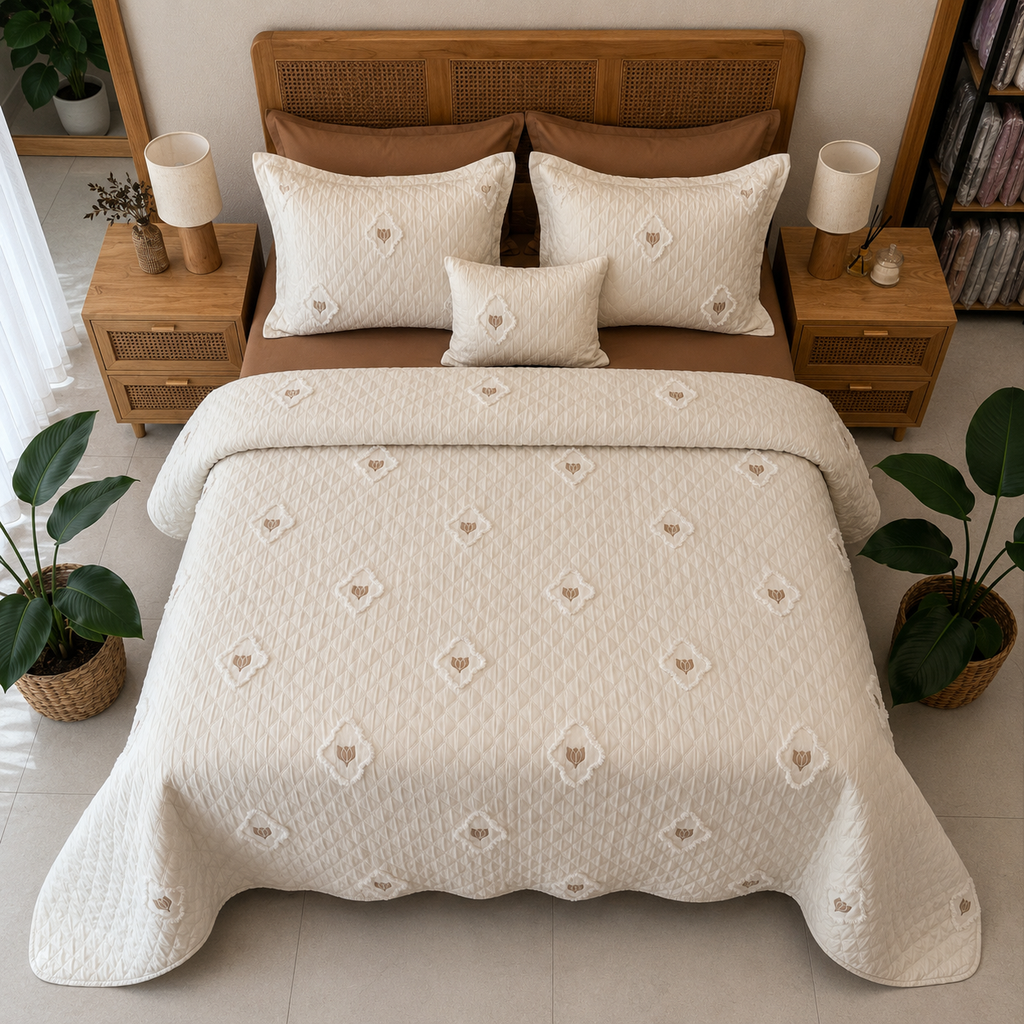 Couvre lit 4 pièces brode géométrique élégant