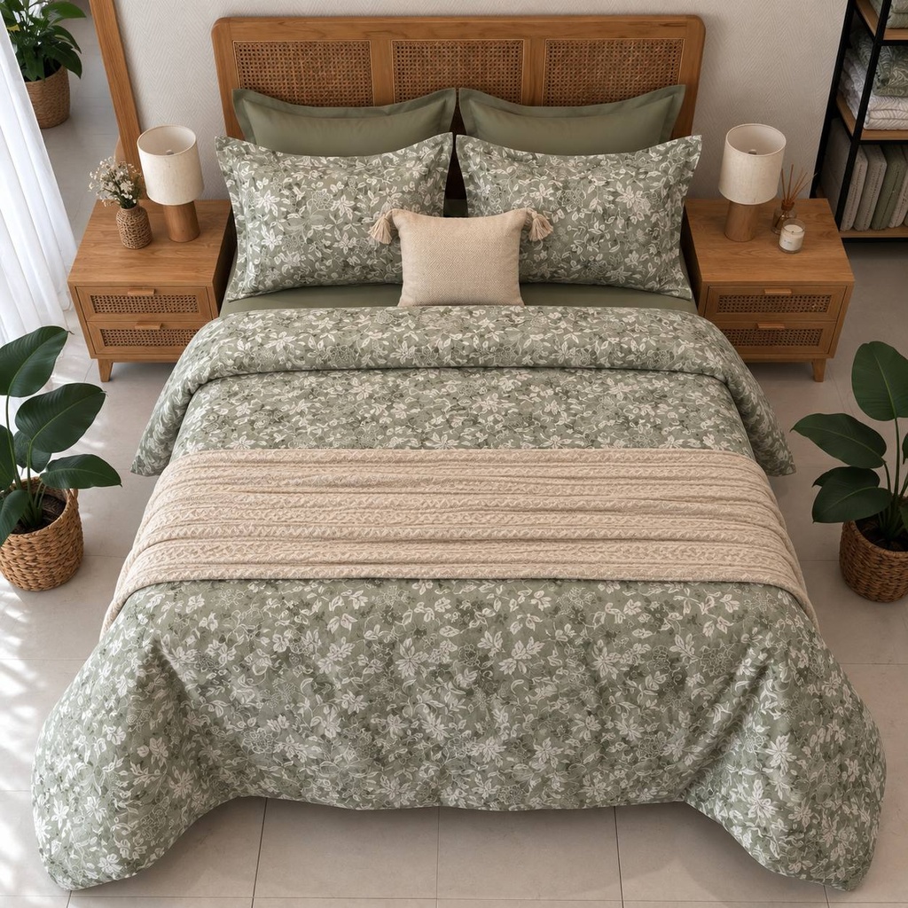 Parure de drap 6 pieces vert sauge fleurie