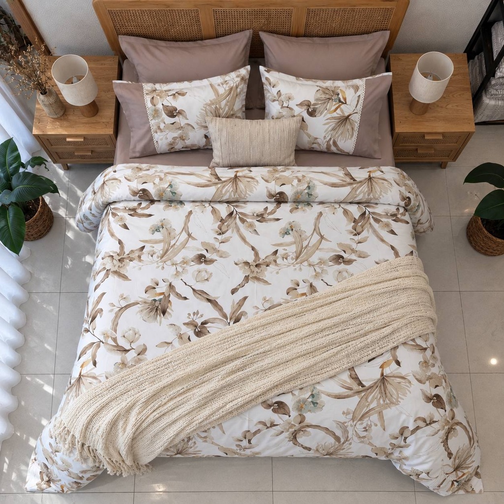 Housse de couette avec Dentelle Floral Beige Botanique 100% Coton 
