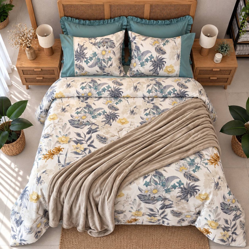 Housse de couette avec Dentelle Jardin Botanique Bleu 100% Coton  