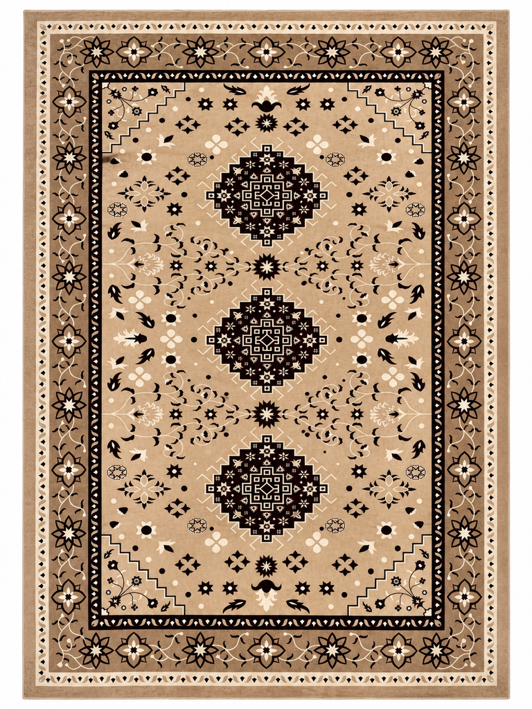 Tapis Oriental Floral Médaillon – Beige & Marron 