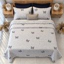 Couvre lit manterol 3 pièces  double face Motif Papillons & Arabesques – Gris & Blanc 
