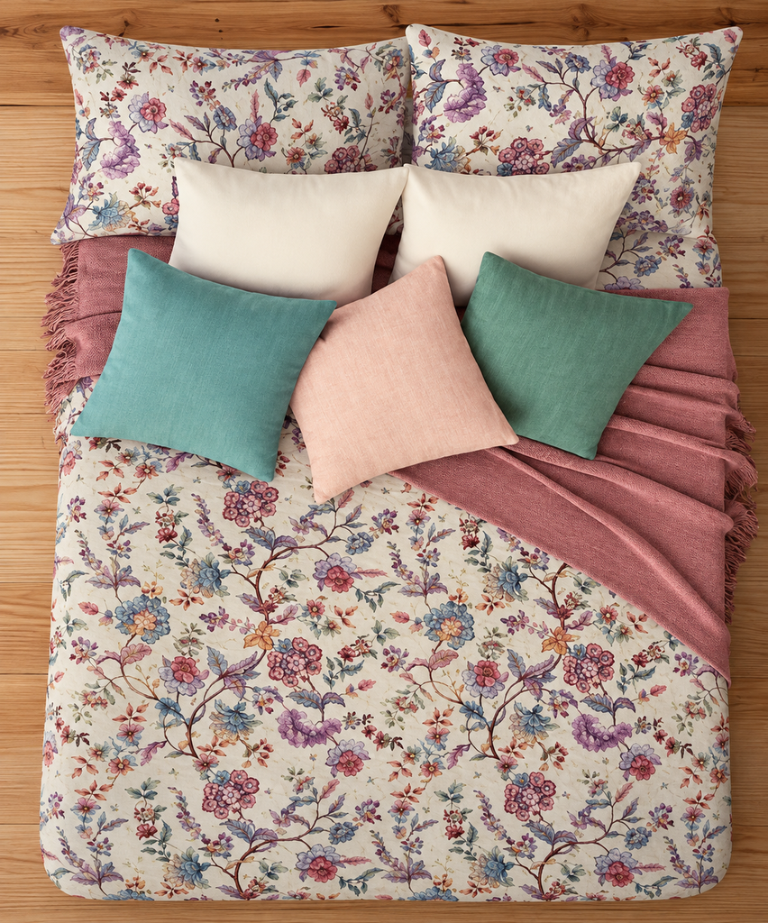 Couvre lit manterol 3 pièces  double face  Floral Bohème – Multicolore & Fond Écru