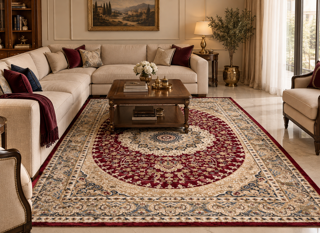 Tapis Médaillon oriental classique – Bordeaux, Beige & Bleu