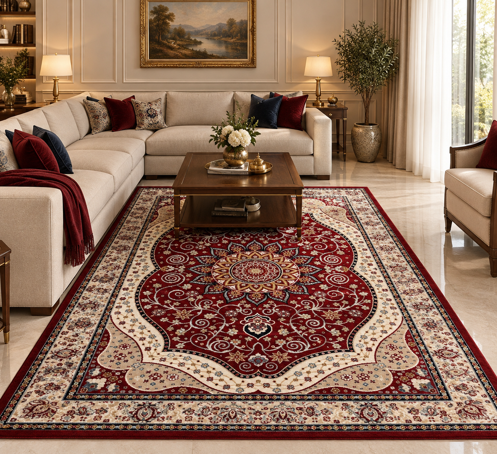 Tapis Médaillon persan floral – Bordeaux & Beige