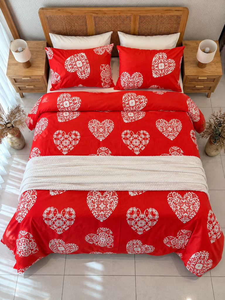 Housse de couette 6 Pieces 100% Coton Coeurs Rouge Motif 1  