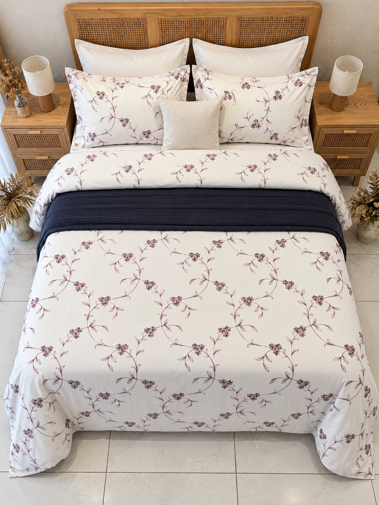 Housse de couette 6 Pieces 100% Coton Fleurs de Velours Rose