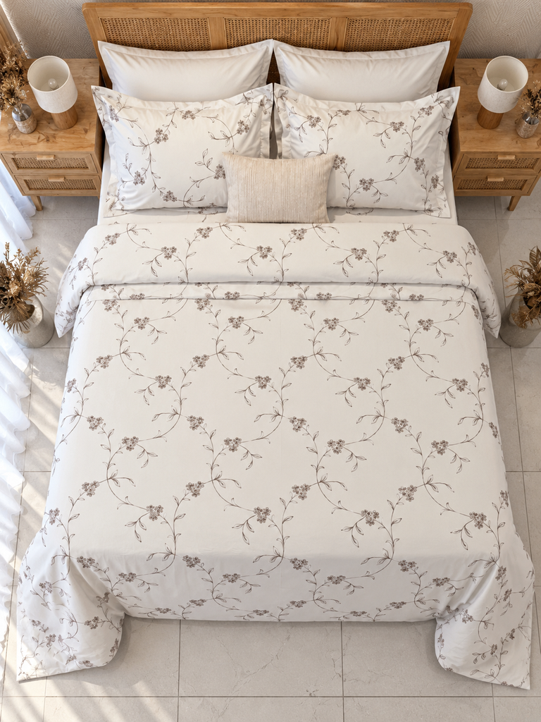Housse de couette 6 Pieces 100% Coton Fleurs de Velours Beige
