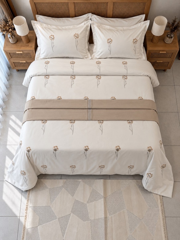 Housse de couette 6 Pieces 100% Coton Fleurs brodé Beige