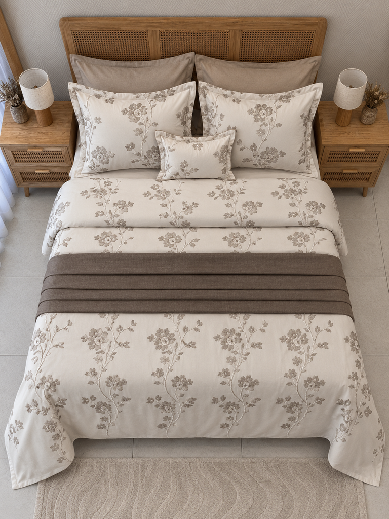 Couvre lit 4 Pieces Fleurs New beige