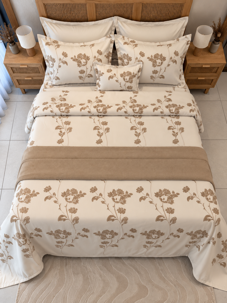 Couvre lit 4 Pieces Fleurs New Marron