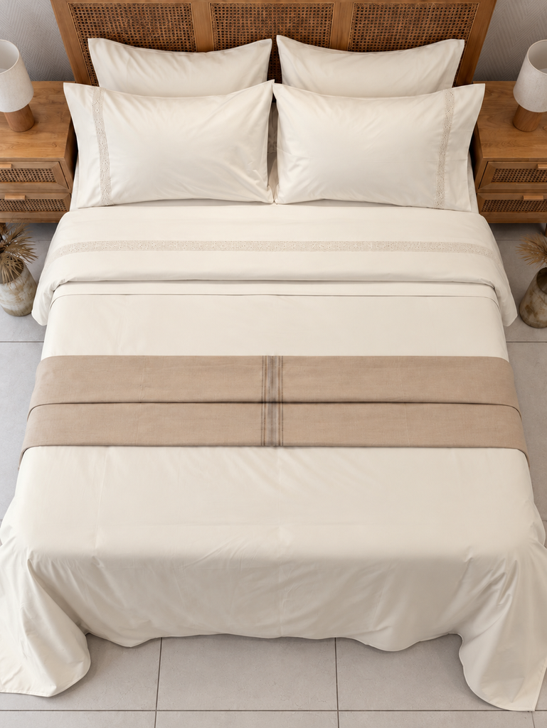 Parure de drap POLOPOLO Bordé 100% Coton percale 4 Pieces Blanc cassé Motif 1