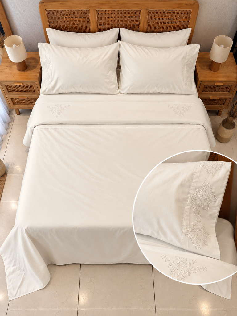 Parure de drap POLOPOLO Bordé 100% Coton percale 4 Pieces Blanc cassé Motif 2