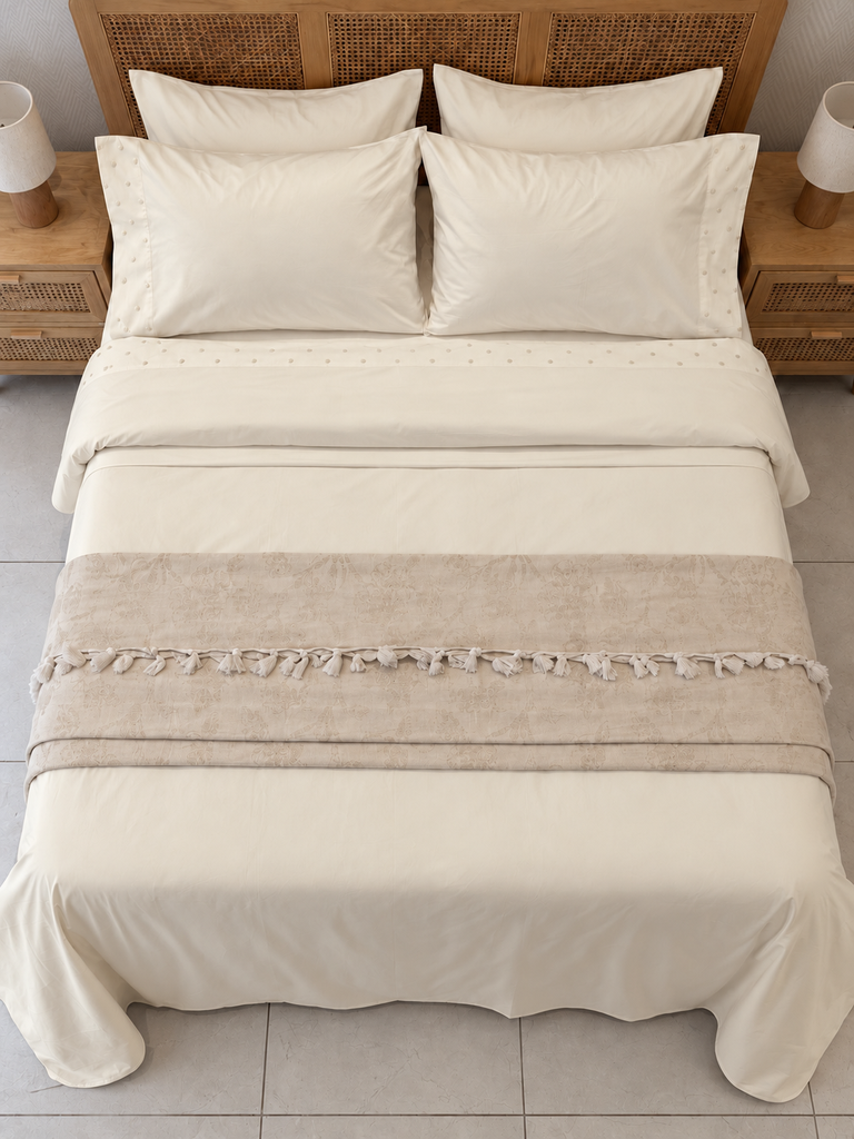 Parure de drap POLOPOLO Bordé 100% Coton percale 4 Pieces Blanc cassé Motif 3