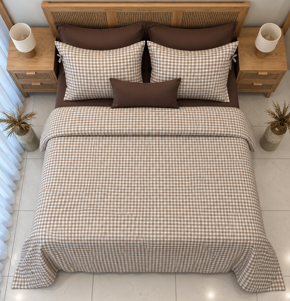 Housse De Couette 6 Pieces Vichy Cappuccino