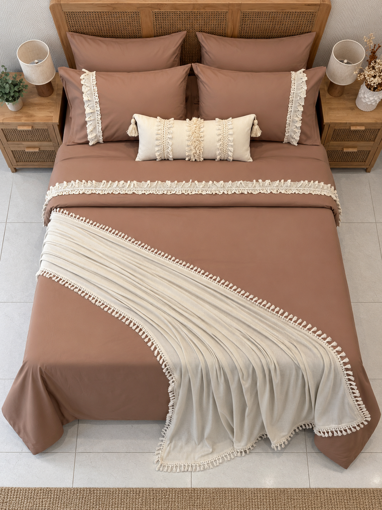 Housse de couette Elegance Dentelle 100% Coton 6 Pieces Marron