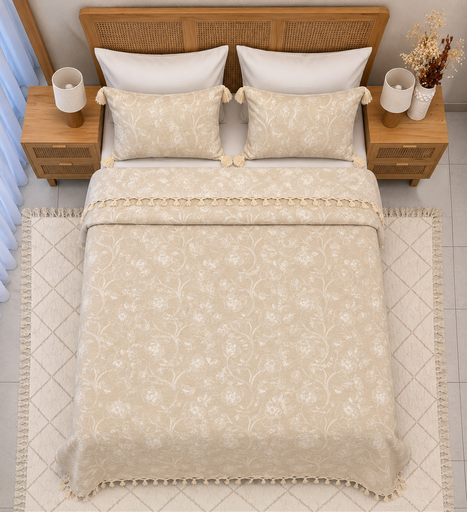 Couvre Lit tunisien 3 pièces Floral Arabesque – Beige Champagne