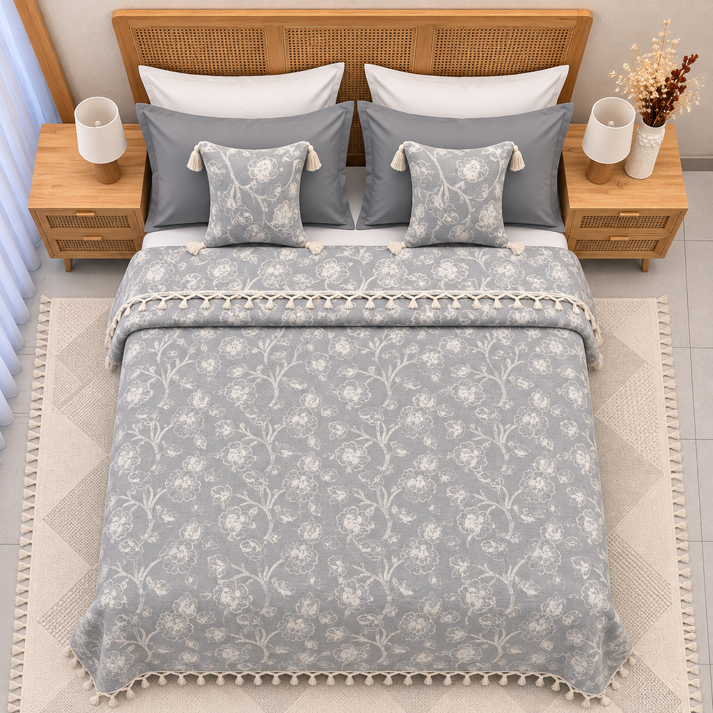 Palid tunisien 3 pièces Floral Arabesque – Gris Perle & Écru