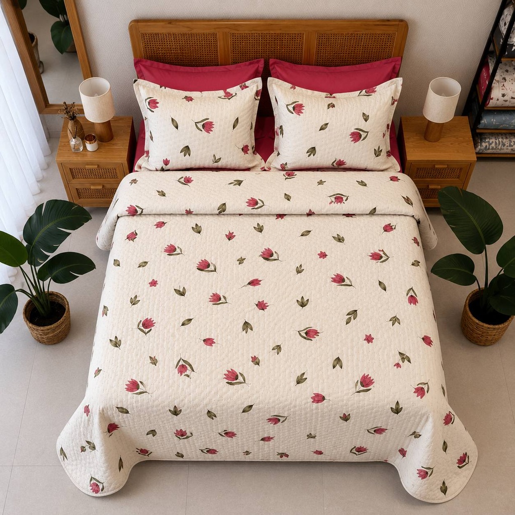 Couvre-lit Matelassé 3 Pièces – Tulipe Rose