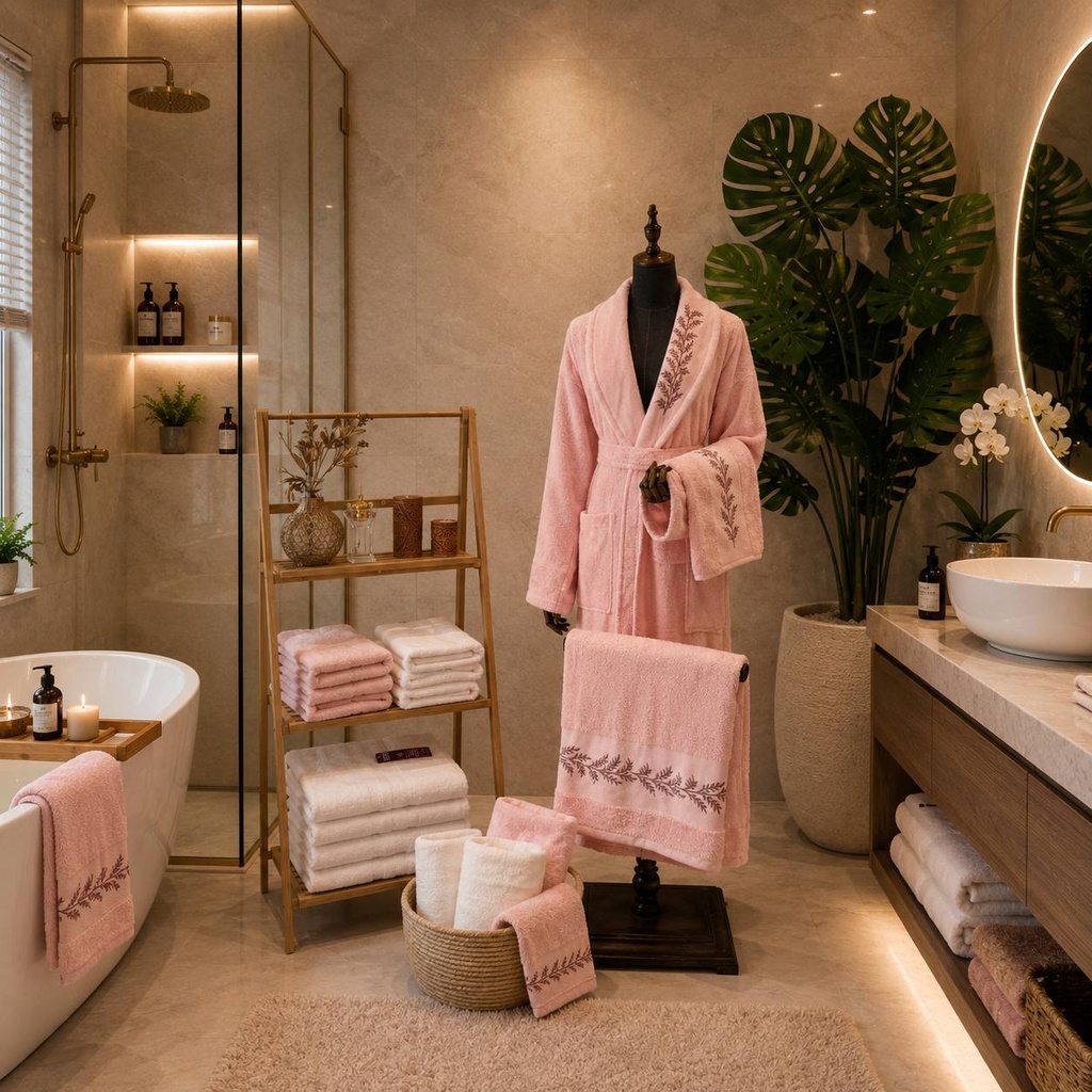 Sortie de bain 3 pieces Plume Rose 100% Coton brodee