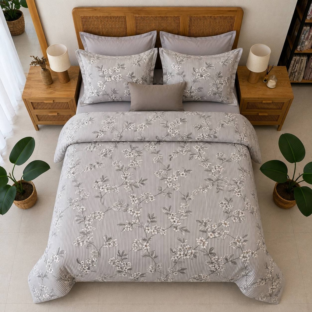 Housse de couette 6 Pieces a rayures Gris 100% Coton